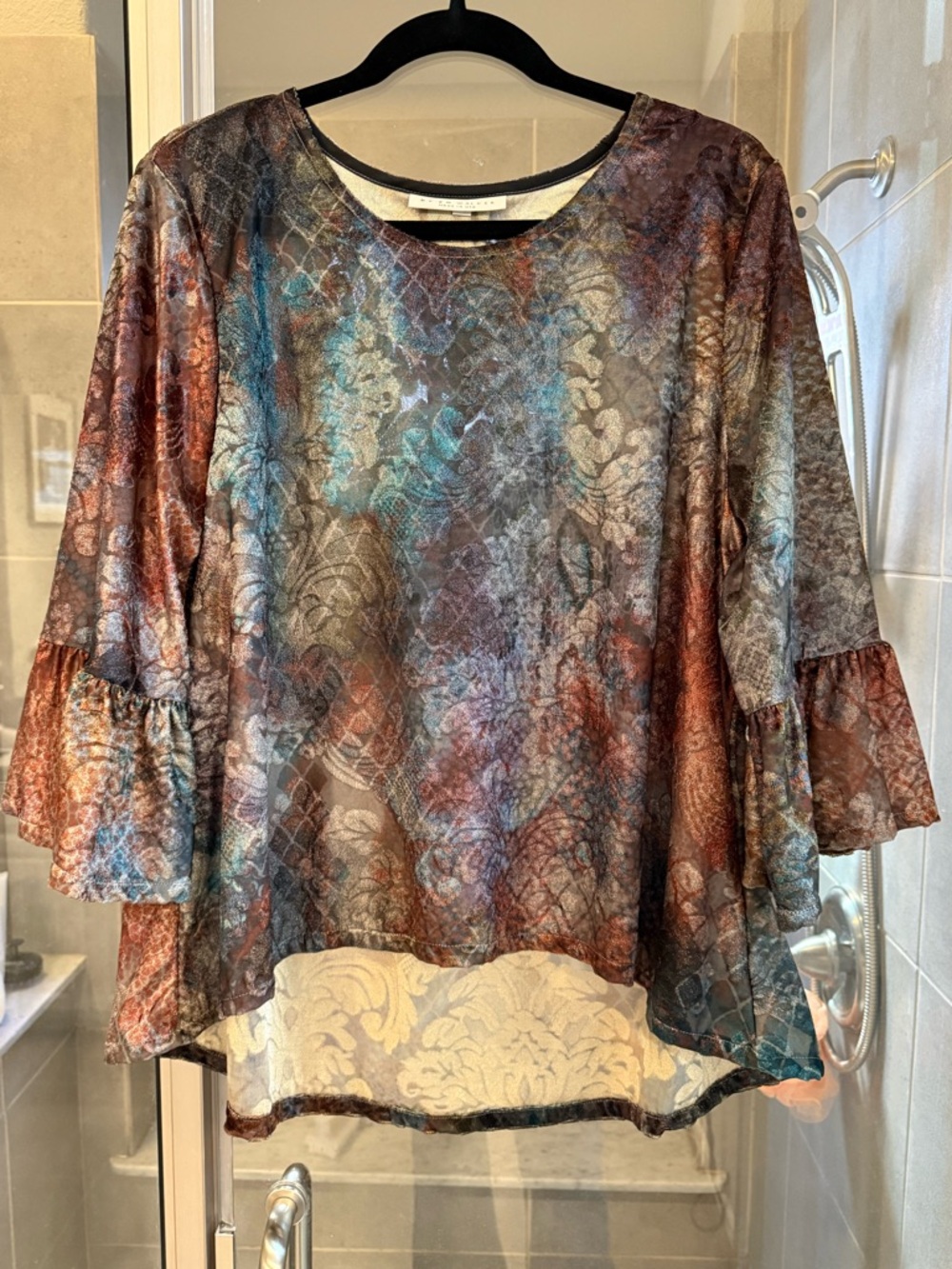 bryn Walker Fran Multicolor Burnout Velvet Ruffle-Sleeve Blouse